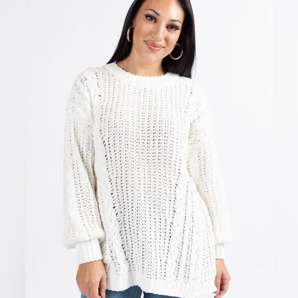 Pink Lily Chenille Knit Sweater Oversized in Beige, Large - Picture 3 of 3